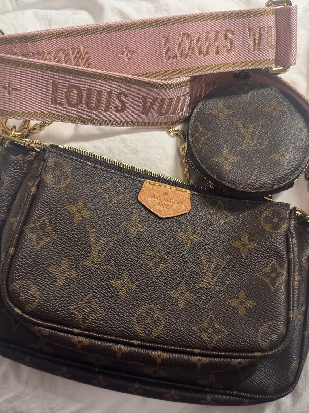 Louis Vuitton Brown Monogram Crossbody with Pink Strap - Picture 2 of 3